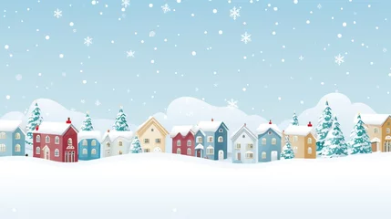 Foto op Plexiglas Winter city in retro style. Christmas background with houses, Christmas tree, snowman. Cozy town in a flat style with lettering merry Christmas. © Tatsiana