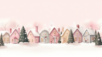 Winter city in retro style. Christmas background with houses, Christmas tree, snowman. Cozy town in a flat style with lettering merry Christmas.