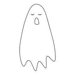 Sleepy ghost. Sketch. Yawning spirit. The ghost squints and yawns sweetly. Vector illustration. Doodle style. Coloring book for children. Casting. Outline on isolated background. Halloween symbol.