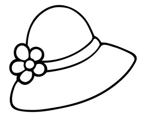 Women's hat with round brim. Sketch. The straw headdress is decorated with a ribbon and a flower. Vector illustration. Doodle style. Outline on isolated background. Coloring book for children. 