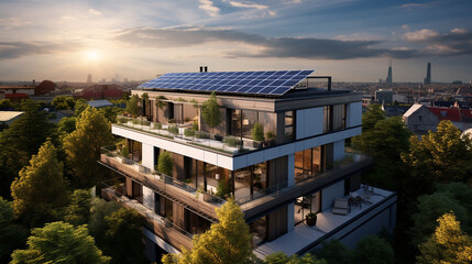 Fototapeta na wymiar A house with solar panels on the roof