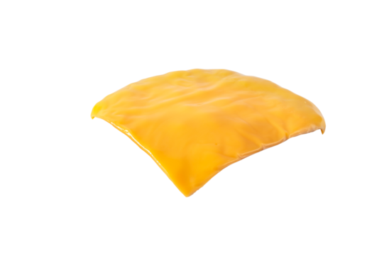 Slice of melted cheese for sandwich isolated transparent png. Cheddar cheese hamburger ingredient.
