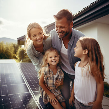 a smiling family standing in front of their home with solar panels installed on the rooftop