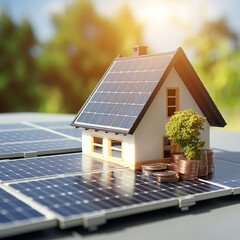Saving money with solar panels on the roof of a house - obrazy, fototapety, plakaty