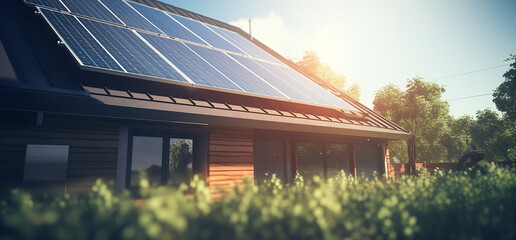 solar panel view on a house with the sun shinning saving money concept