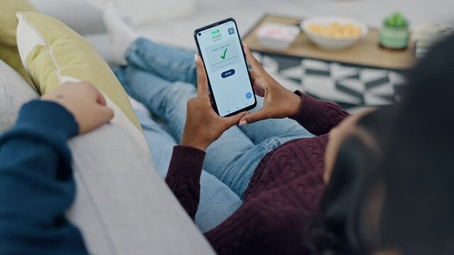 Phone screen, hands and couple with food, e commerce and delivery service, UI and restaurant menu with choice. People at home, relax on sofa and mobile app with decision for lunch meal and website