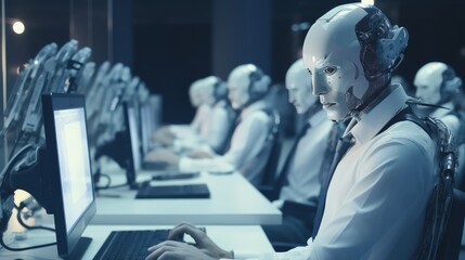 Robot working at computer among people. Maschine typing on keyboard in office. IT team of future. Futuristic worker. Humanoid work at call center. Support job. Selling concept. Technologies.