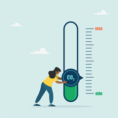 Girl turns the sensor needle to the lowest level of CO2. New energy for energy and transport. Zero release. Vector illustration in flat style