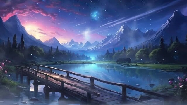 Starlit Path Over Serene Wooden Bridge. High-Quality 4K Animated Backgrounds. Seamless Loop Video.