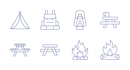Camping icons. editable stroke. Containing tent, camping, lantern, camping table, picnic, bench, firewood, bonfire.