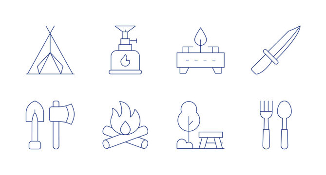 Camping icons. editable stroke. Containing tent, camping gas, stove, knife, tools, bonfire, picnic table, cutlery.