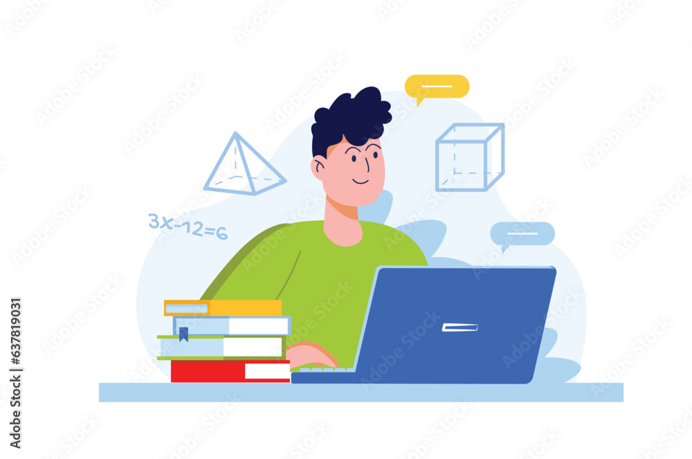 Poster doing homework concept with people scene in the flat cartoon design. the student diligently does hom