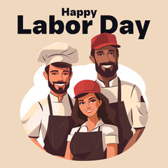 Vector illustration of 3 catering workers 2 men and one woman: chef and waiter. Congratulations on Labor Day in uniform: chef's apron, hat and caps. Restaurant work clothes. For card, poster, banner.