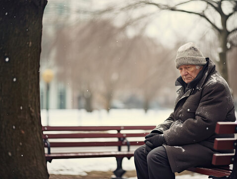 Old Lonely Man Sitting On Bench In Park