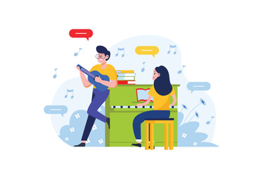 Concept music lesson with people scene in the flat cartoon style. Students learn to play guitar and piano during school lessons. Vector illustration.