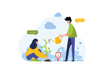 Earth day concept with people scene in the flat cartoon design. Friends promote ecological views and plant trees to help the planet. Vector illustration.
