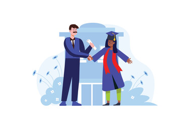 Graduate concept with people scene in the flat cartoon style. The professor congratulates his student on successfully graduating from the university. Vector illustration.