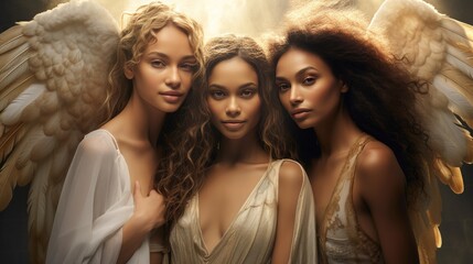 Obraz premium Ethereal Diversity: The Godlike Beauty of Pure Angels in Heaven - Love, Grace, Pure, Goodness, Bible, Biblical, Diverse Angels, White Wings, Ethereal Beauty, Goddess, Lights, Light, Heaven, Shine