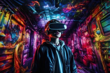 Young man wearing VR augmented reality goggles in futuristic corridor of virtual art gallery exhibition. NFT and metaverse concept.
