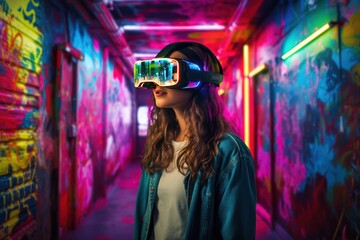 Young woman wearing VR augmented reality goggles in futuristic corridor of virtual art gallery exhibition. NFT and metaverse concept.