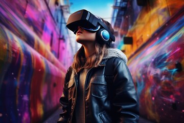 Young woman wearing VR augmented reality goggles in futuristic corridor of virtual art gallery exhibition. NFT and metaverse concept.