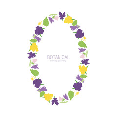 Vector frame of spring bright flowers pansies, floral wreath of cute colorful violets