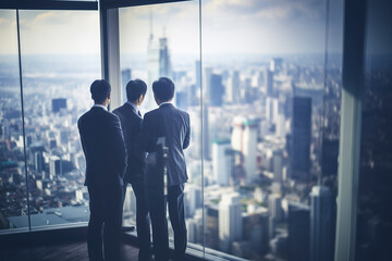 Entrepreneurs discussing business plans on the roof of a commercial building