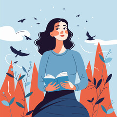 Vector graphic of woman holding book in hand, walks through the forest or park. Woman in a sweater and skirt. Birds fly around the girl, flowers grow. Autumn vibes, cozy fall, back to school concept.