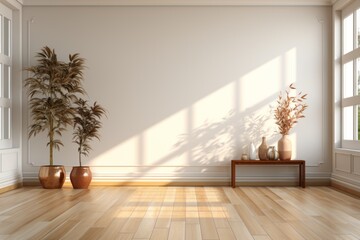 An empty room with a window, white wall and wood floors, with golden light coming in and making beautiful shades.