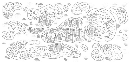 City on the island map. Editable outline sketch. Vector line illustration.