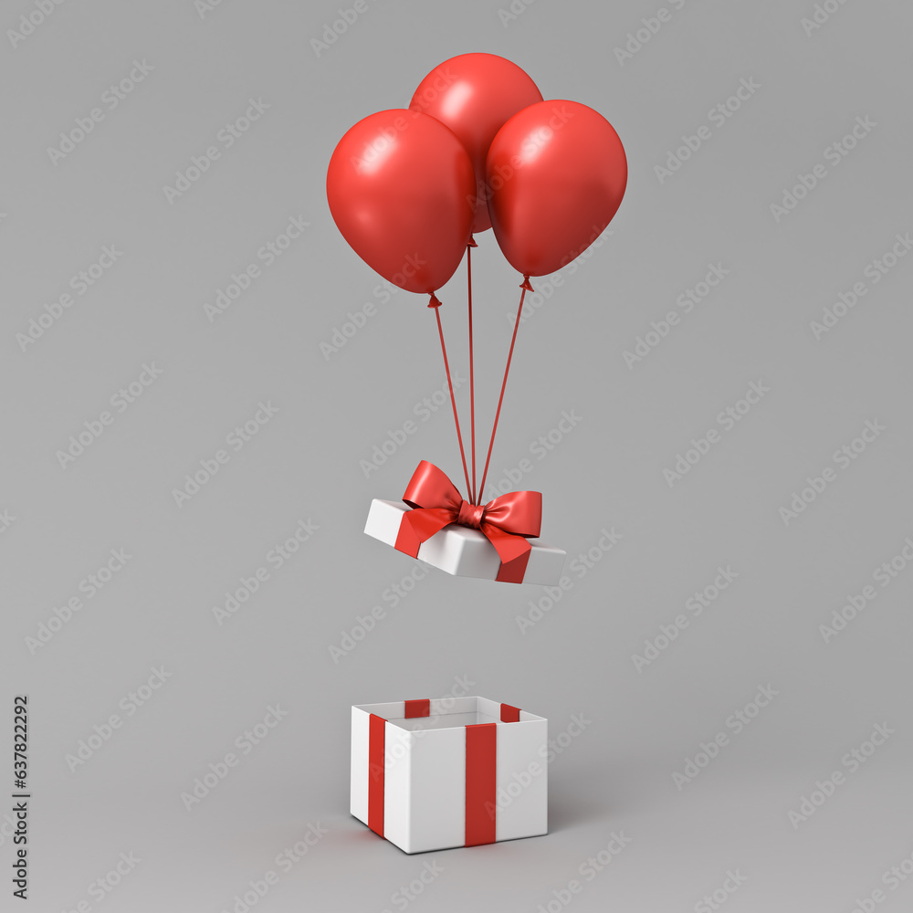 Aufkleber Red balloons lifting up gift box lid open or opening white present box with red ribbon bow isolated on gray background with shadow 3D rendering
