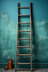 A wooden ladder against a blue wall, painting.