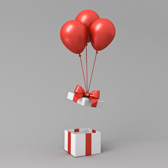 Red balloons lifting up gift box lid open or opening white present box with red ribbon bow isolated on gray background with shadow 3D rendering