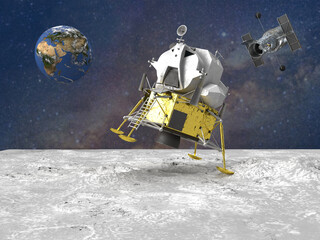 Moon landing on the `South Pole 2023, 3d rendered image with the Hubble space telescope, the earth, and the Apollo lunar. Landing on the South Pole moon mission 2023. © Webstudio 2Amigos