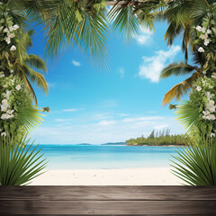  backdrop of palm trees, coconuts, and a sandy beach to evoke a sense of a tropical escape