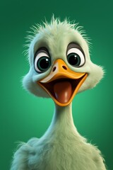 Closeup of a happy baby duck cartoon head on minimal green background, smiling in the camera.