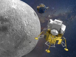 Moon landing on the `South Pole 2023, 3d rendered image with the Hubble space telescope, the earth and the Apollo lunar. © Webstudio 2Amigos