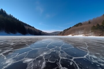 A serene winter landscape with a frozen lake and majestic mountains