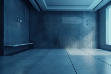 An empty room with a window and a bench