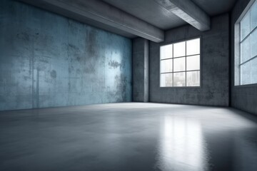 An empty room with windows and concrete walls