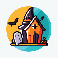 halloween house with bats illustration