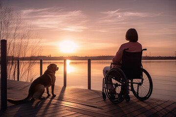 A woman in a wheelchair and a dog on a wooden deck overlooking the lake at sunset.
