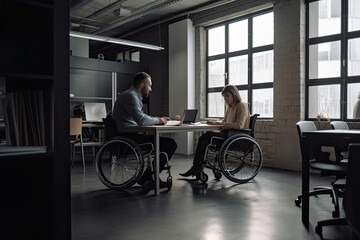 Fototapeta na wymiar Inclusive corporate environment: a man and a woman with a disability in wheelchairs work in an office.