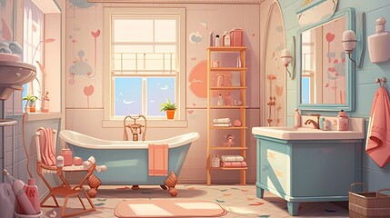 Bathroom or bedroom with bath, sink, toilet bowl and furniture, towels, mirror and cosmetic bottles on shelf.Book Illustration.  Serious Digital Painting. CG Artwork.Background. Generative AI. - 637824230