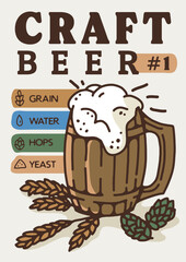 Illustration with beer mug. Hand drawn poster with beer and ingredients, colored sketch alcohol beverages. Vector Home Brew Beer illustration. Craft Beer.
