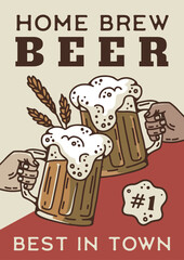 Hands with beer mugs. Hand drawn poster with  pub glasses with beer and hands, colored sketch alcohol beverages. Vector Home Brew Beer illustration. Craft Beer Poster .