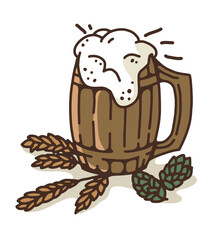 Illustration with beer mug. Hand drawn illustration with beer and ingredients, colored sketch alcohol beverages. Vector Home Brew Beer illustration. Craft Beer.