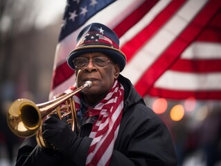 A moment of silence as a bugler plays Taps, surrounded by United States flags