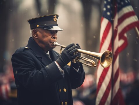 A moment of silence as a bugler plays Taps, surrounded by United States flags