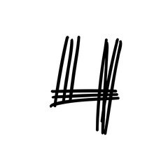 Digit number four scribble font in doodle scribble brush hand drawn style isolated on white background. For lettering, presentation, education, logo, signboard, branding, abc, alphabet.